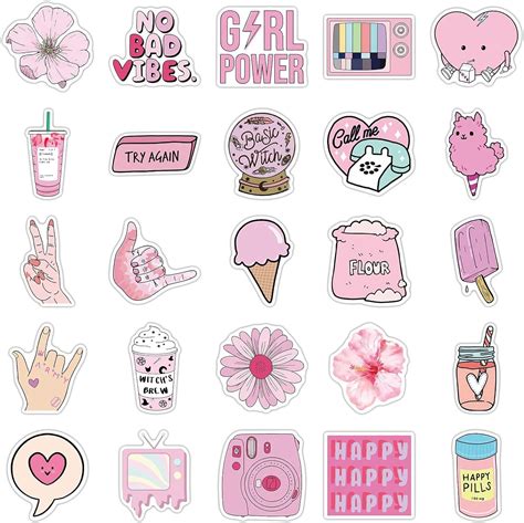 Yoksas 50pcs Kawaii Pink Stickers Cute Aesthetic Pretty Vsco Grils