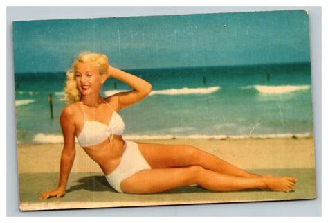 Vintage S Postcard Beautiful Blonde Bikini Model On The Beach White Bikini Other