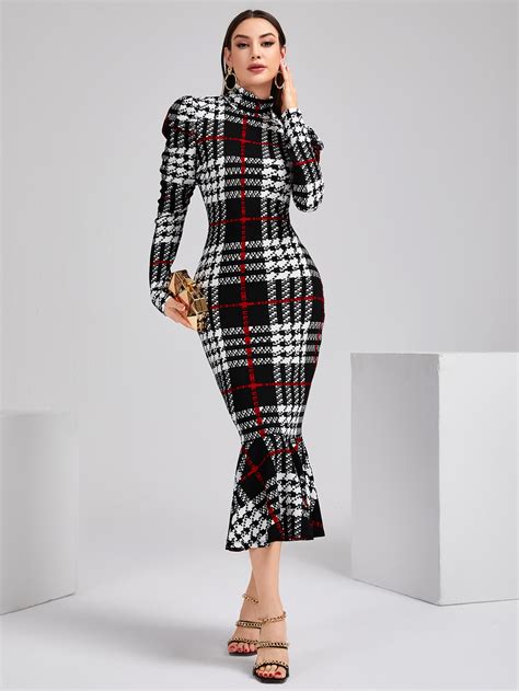 SHEIN Modely Plaid High Neck Gigot Sleeve Mermaid Hem Bodycon Dress