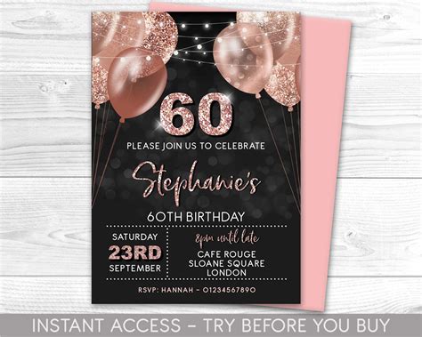 60th Birthday Invitation Editable 60th Invite Rose Gold Etsy