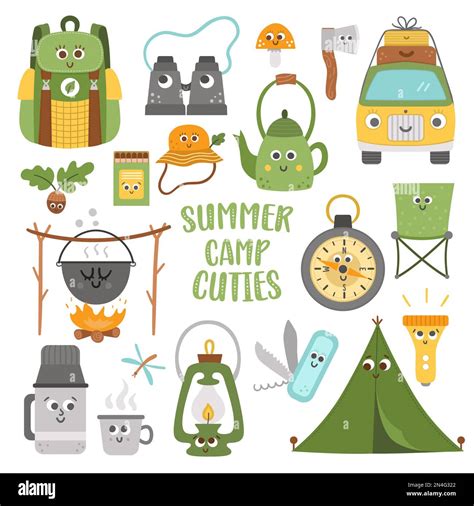 Vector Summer Camp Cute Kawaii Elements Set Camping Hiking Fishing