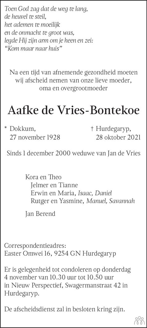 Aafke De Vries Bontekoe 28 10 2021 Overlijdensbericht En Condoleances