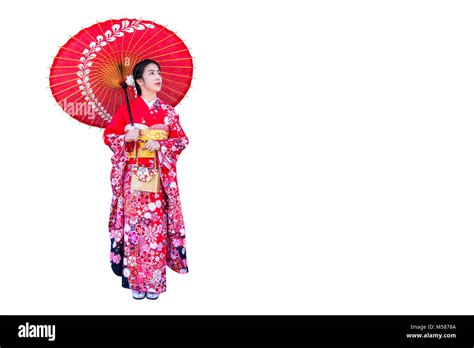 Asian Woman Wearing Japanese Traditional Kimono On White Background