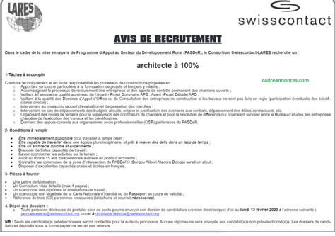 Recrutement Benin Swiss Contact Lares Pour Son Propre Compte Lance De