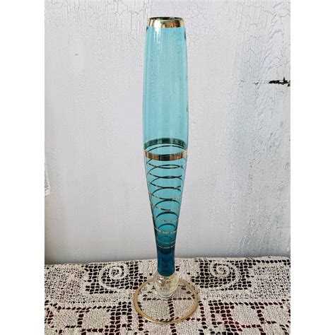 Vintage Aqua Blue And Gold Bud Vase Retro 1970s Stripe Tall Stretch Glass Etsy