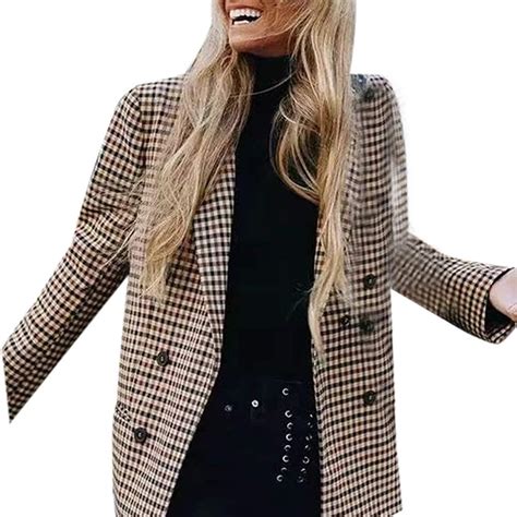 Blazer Carreaux Vintage Pour Femmes Barkoiesy Slim Hiver Chaud Laine