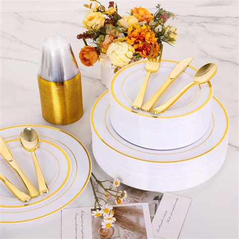 Bellsal Pieces Gold Plastic Plates For Guests Disposable Plates