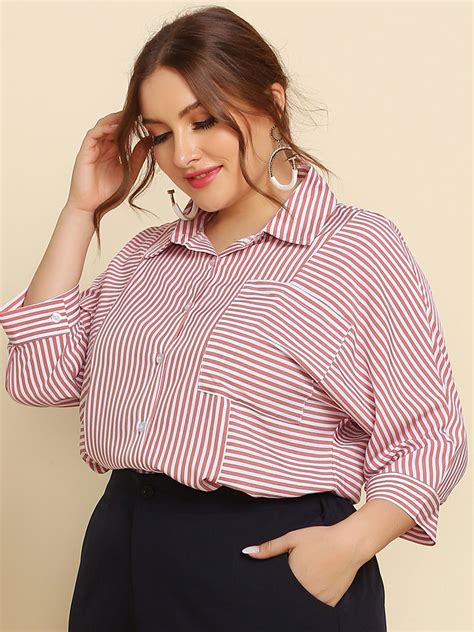 Plus Size Pink Shirt For Women Turndown Collar Long Sleeves Buttons Summer Shirt