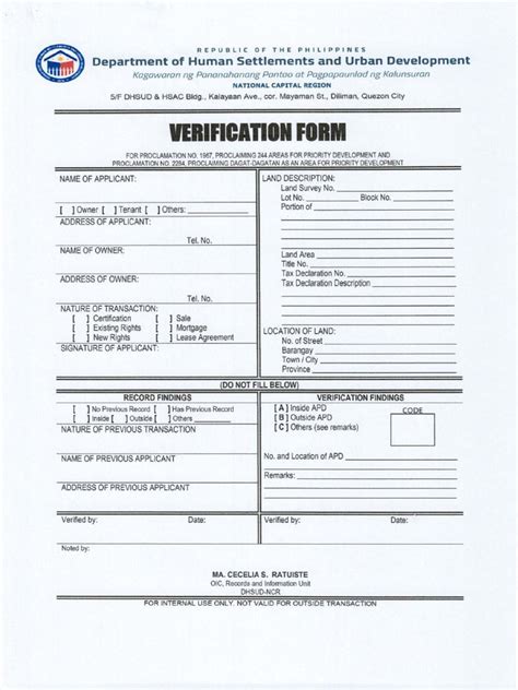 Verification Form Apd Certification Dhsud Pdf Property