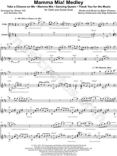 Nicholas Yee Mamma Mia Medley Cello And Guitar Sheet Music In D