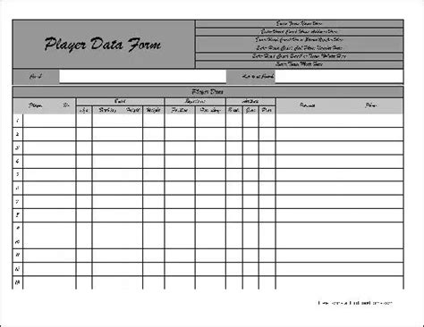 Free Personalized Fancy Wide Numbered Row Football Player Data Form