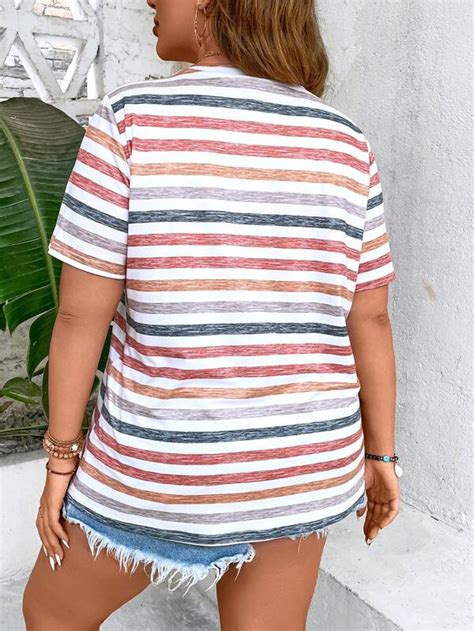 Shein Lune Plus Striped Print Tee Shein Usa