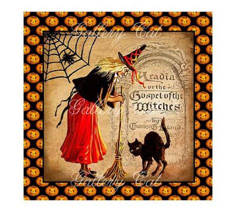 Vintage Witch Digital Collage Sheet Cat Spider Web Broom For Halloween