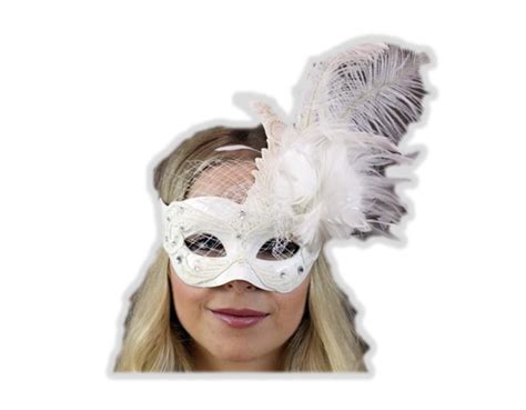 White Lace Venetian Wing Mask W Feathers Masquerade Mardi Gras Costume Accessory