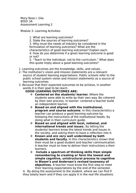 Assessment Learning Module 3 Mary Rose I Gila Beed 3a Assessment