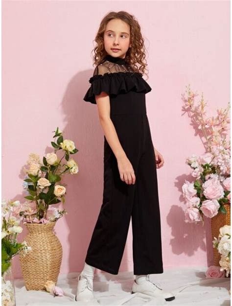 Buy Shein Girls Pearls Beaded Mesh Yoke Ruffle Trim Jumpsuit Without