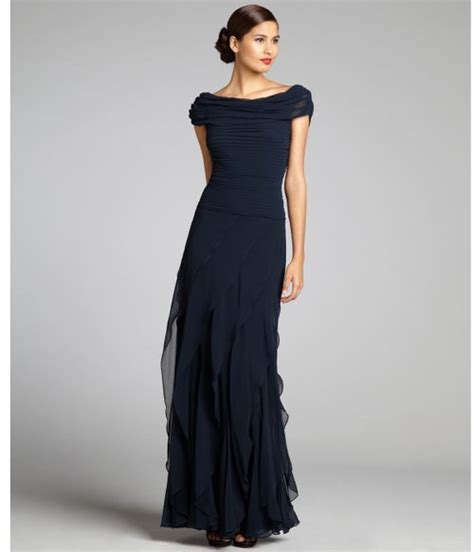 Dresses Tadashi Shoji Navy Chiffon Off The Shoulder Pleated Ruffle