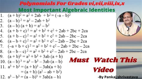 Algebraic Identity Polynomials For Grades Vi Vii Viii Ix X Xi Xii