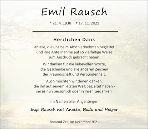 Traueranzeigen Von Emil Rausch Vrm Trauer De