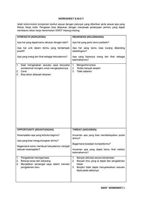 SWOT Worksheet SWOT WORKSHEET S W O Isilah Kolom Kolom Komponen