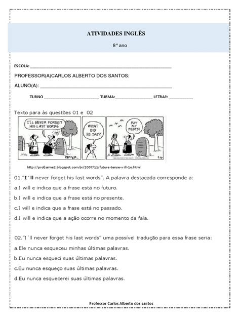Atividades Future Will 8 Ano Com Gabarito - Atividades de Inglês sobre o Futuro Simples (Will) para o 8o ano | PDF