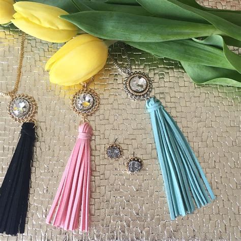 Natalie Suede Tassel And Crystal Long Necklaces Black Turq And Light Pink Gorgeous And An