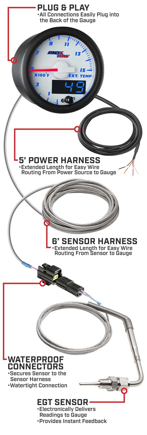 MaxTow White Blue Double Vision 1500F Pyrometer EGT Gauge