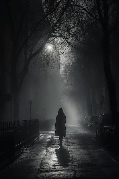 Premium AI Image | A woman stands on a dark street in a dark foggy night.