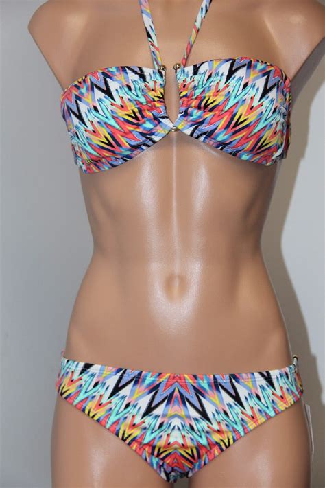 Nwt Bar Iii Swimsuit Bikini Pc Set Size L Bandeau Halter Bra Rays