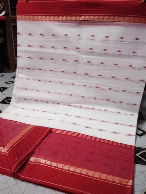 White Red Blend Bengal Tant Handwoven Cotton Saree Without Blouse