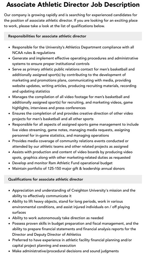 Associate Athletic Director Job Description Velvet Jobs