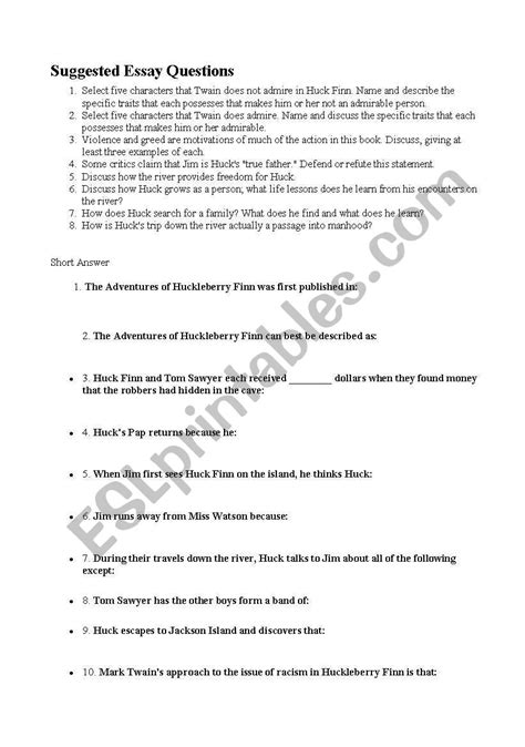 Huck Finn Worksheet