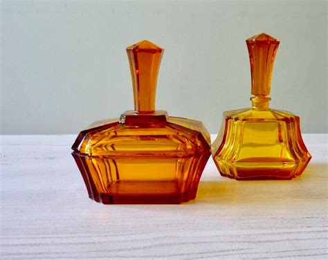 Art Deco Amber Glass Dressing Table Set Brown Glass Perfume Etsy