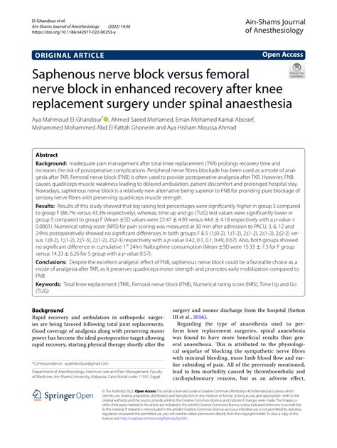 Pdf Saphenous Nerve Block Versus Femoral Nerve Block In Enhanced Recovery After Knee