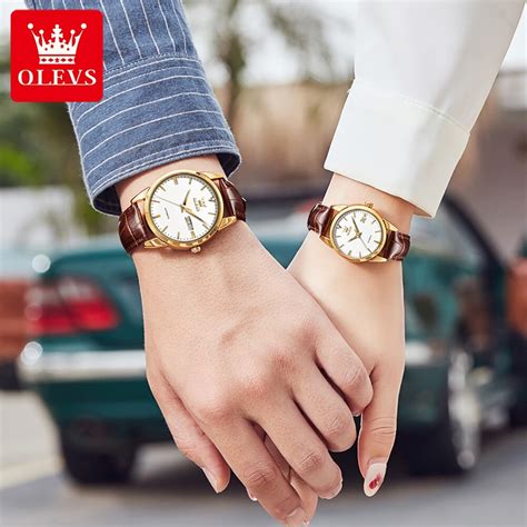 OLEVS Reloj De Pulsera De Cuero Genuino Para Pareja Cron Grafo Mec Nico