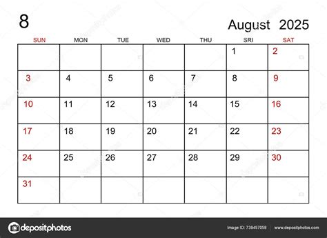 August 2025 Calendar Template White Paper Background — Stock Photo ...