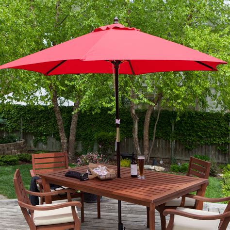 Outdoor 9-Ft Wood Patio Umbrella with Red Canopy Shade