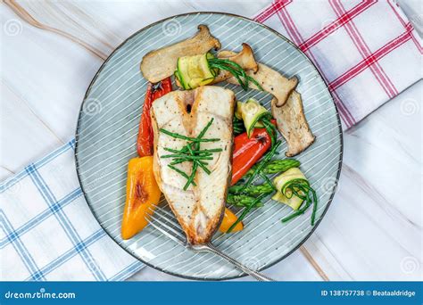 Grilled Halibut Steak with Vegetables Stock Photo - Image of cooked ...