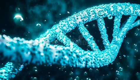 Dna Strengen Dubbele Helix Close Up En Kleurrijke Deeltjes Op Blauwe