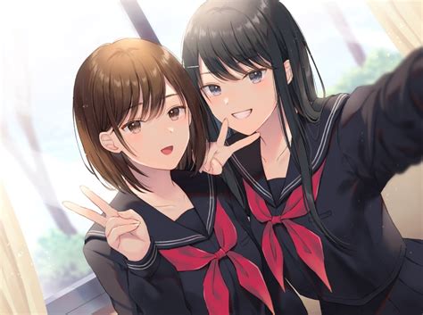 2girls Black Eyes Black Hair Blush Brown Eyes Brown Hair Long Hair Noda