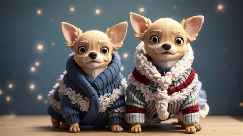 Premium Photo Two Small Dogs Wearing Sweaters And Scarves On A Table