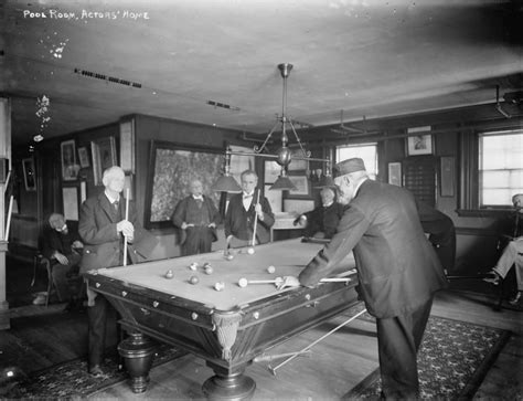 Group Of Gentlemen Playing Pool At Billiards Hall Vintage Photograph