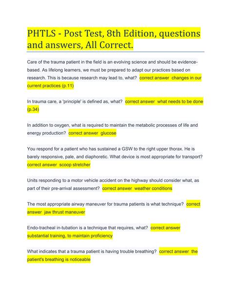 Solution Phtls Post Test 8th Edition Questions And Answers All Correct