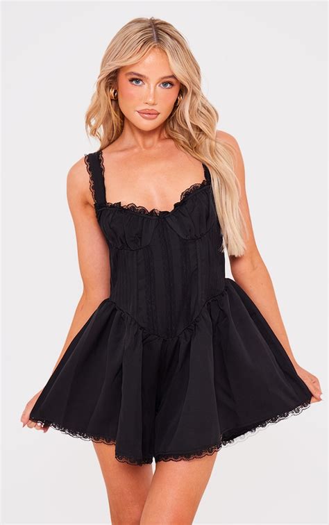 Black Woven Lace Detail Strappy Playsuit Jumpsuits And Playsuits Prettylittlething Aus