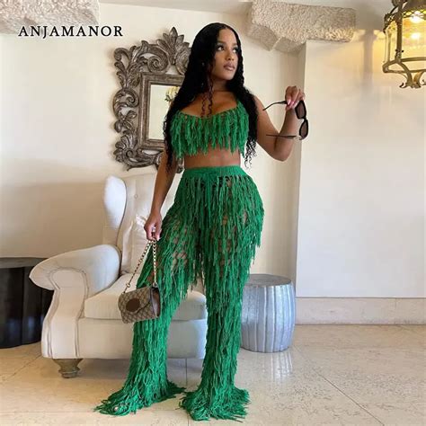 Anjamanor Fringed Knit Crochet Two Piece Set Women Top And Pants See