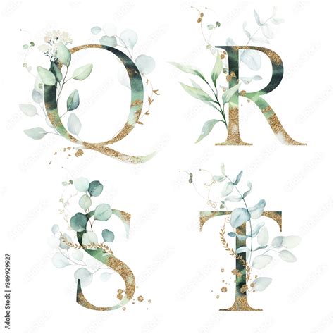 Gold Green Floral Alphabet Set Letters Q R S T With Green Leaves