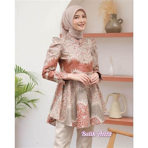 Jual Produk Original Katun Atasan Batik Wanita Blus Batik Puffy Shoulders Model Peplum Payung