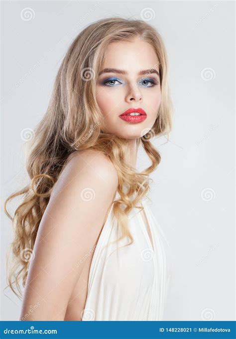 Blonde Woman With Red Lips Makeup Portrait Stock Image Image Of