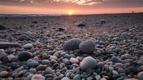 Grey Pebbles On Beach At Sunset With Pink Glow Grom Sunset On Some Of The Pebbles Stock