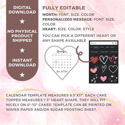 Burn Away Cake Topper Calendar Template 75 Custom Heart Cake Topper